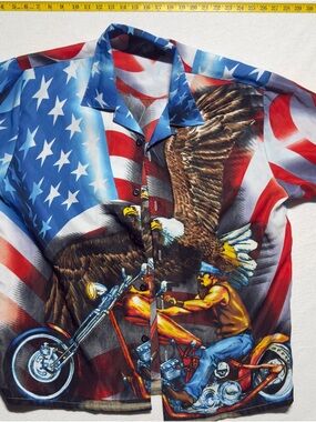 Patriotic Eagle Motorcycle Print Short-Sleeve Shirt - Blue/Red/White
